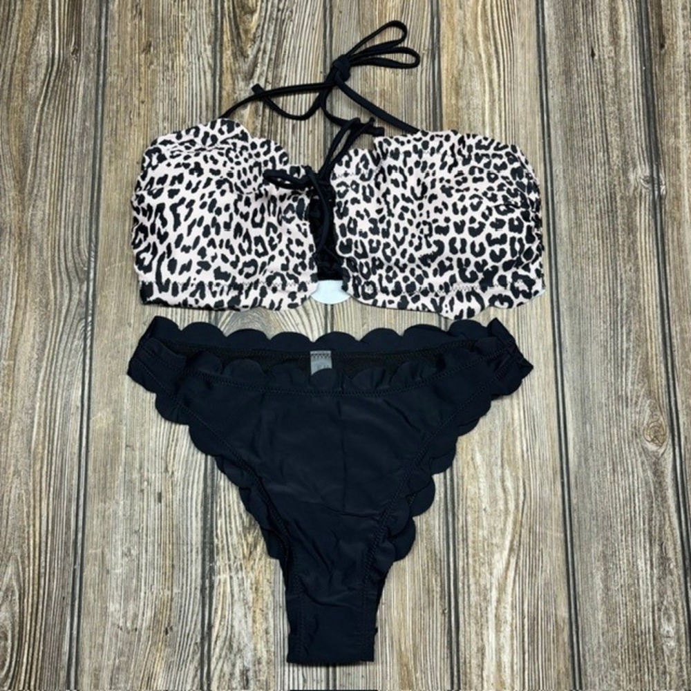 Womens Leopard Print Scalloped Bikini Set Black Tan Lace Up Halter Two Piece M